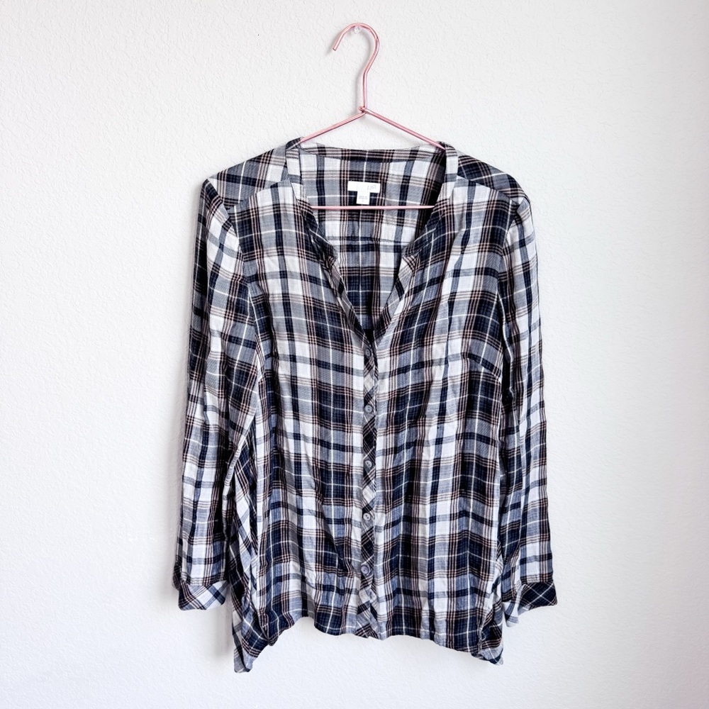 J. Jill Black Cream Plaid Button Front Tunic Blouse Small